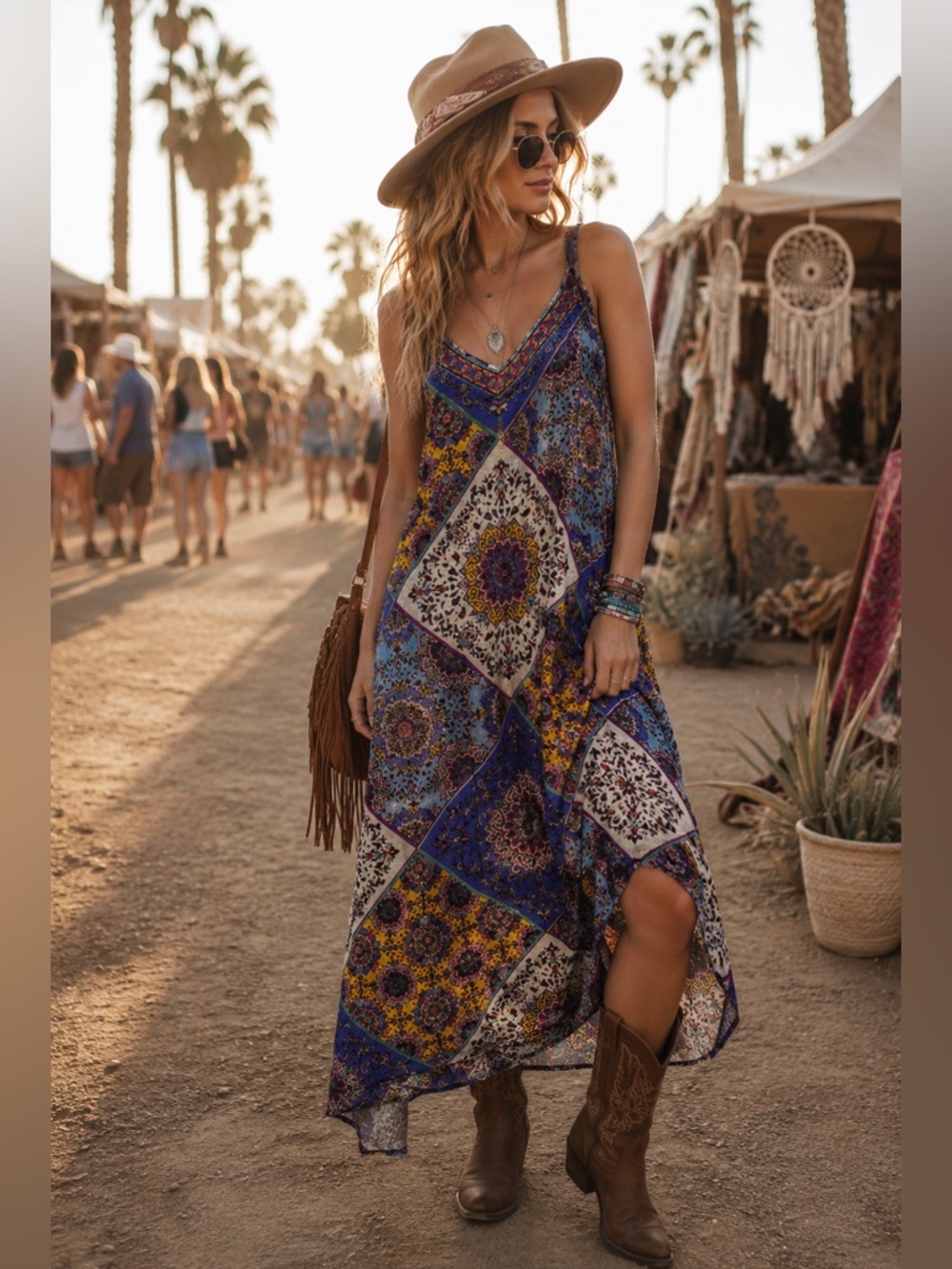 Sundance Triya Tapestry Boho‎ Western Mandala Print Midi Hi Low Flowy Dress